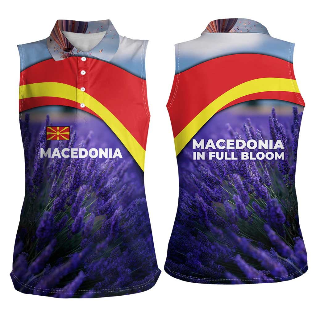Macedonia Women Sleeveless Polo Shirt with Lavender Field and Bloom Curve Design - Wonder Print Shop