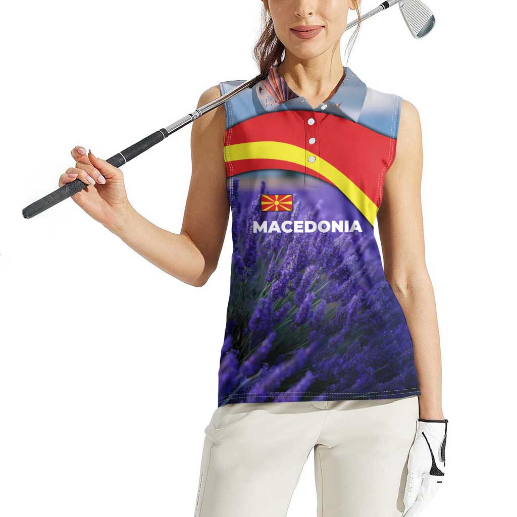 Macedonia Women Sleeveless Polo Shirt with Lavender Field and Bloom Curve Design - Wonder Print Shop