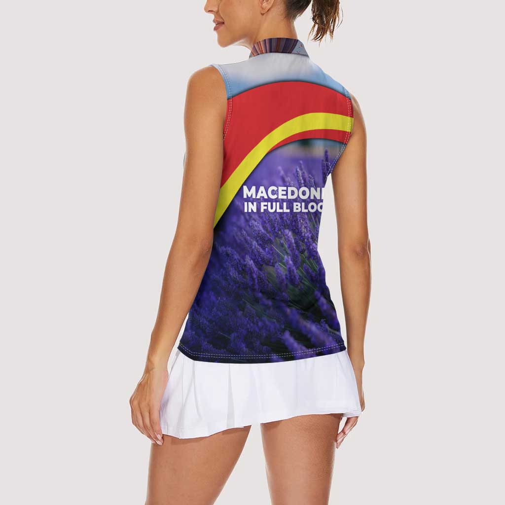 Macedonia Women Sleeveless Polo Shirt with Lavender Field and Bloom Curve Design - Wonder Print Shop