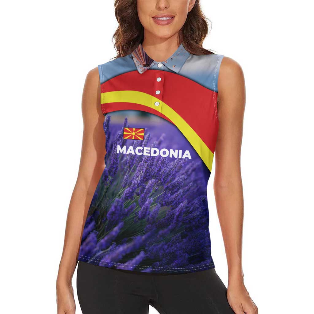 Macedonia Women Sleeveless Polo Shirt with Lavender Field and Bloom Curve Design - Wonder Print Shop