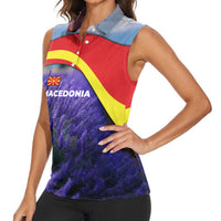 Macedonia Women Sleeveless Polo Shirt with Lavender Field and Bloom Curve Design - Wonder Print Shop