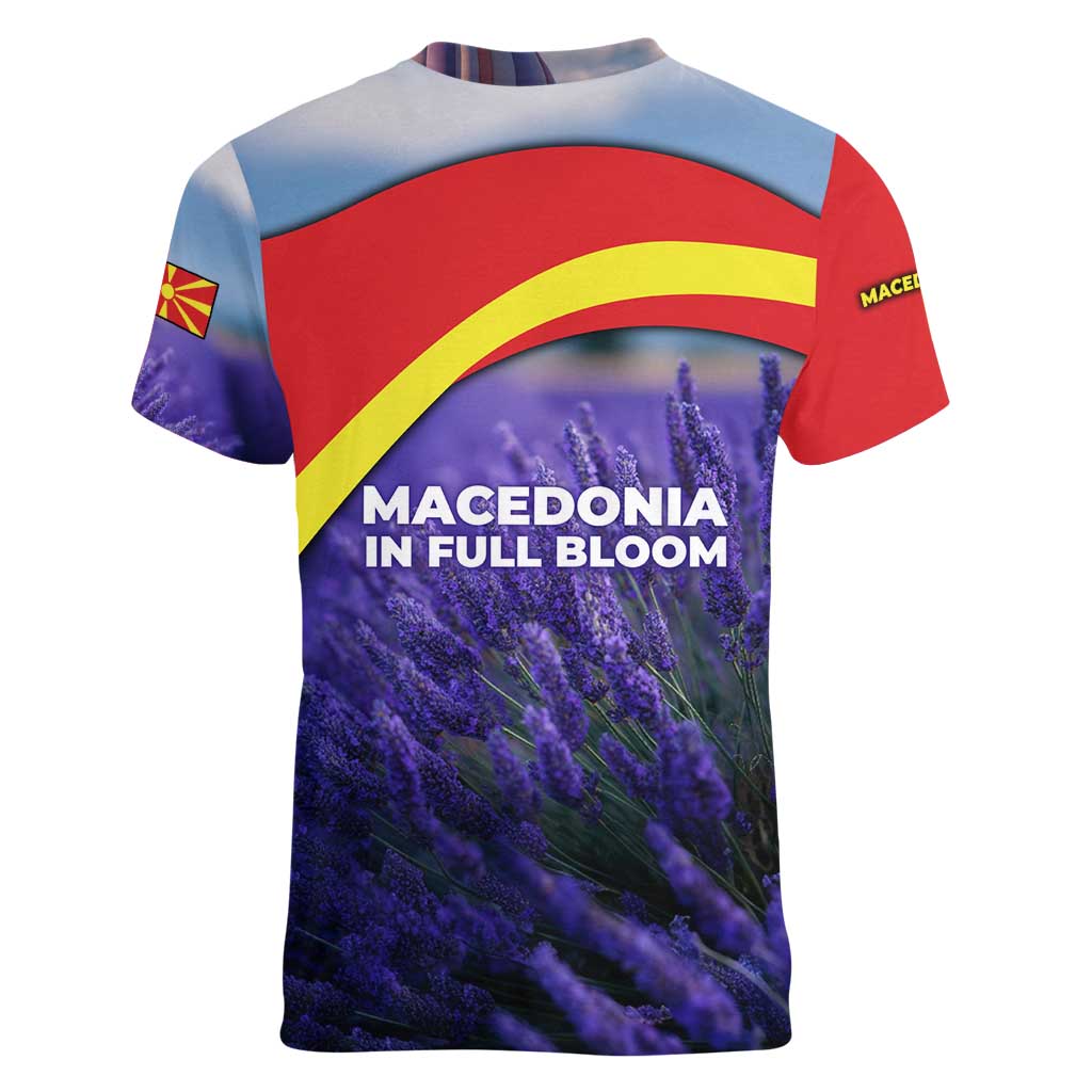 Macedonia Women V-Neck T-Shirt with Lavender Field and Bloom Curve Design - Wonder Print Shop