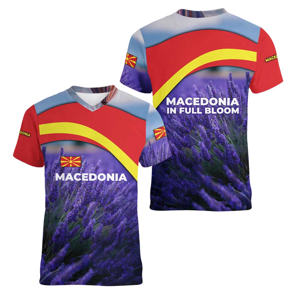 Macedonia Women V-Neck T-Shirt with Lavender Field and Bloom Curve Design - Wonder Print Shop