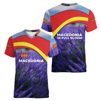 Macedonia Women V-Neck T-Shirt with Lavender Field and Bloom Curve Design - Wonder Print Shop