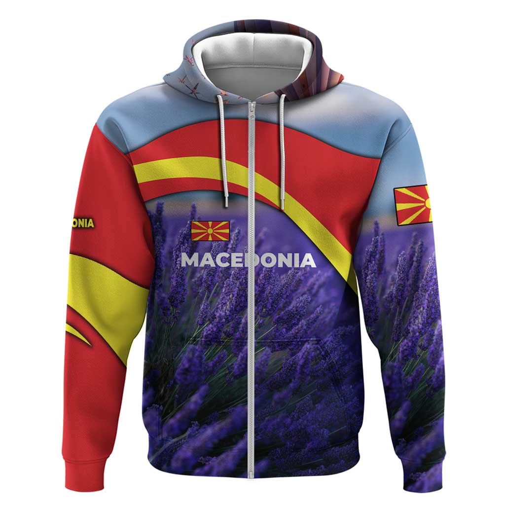 Macedonia Zip Hoodie with Lavender Field and Bloom Curve Design - Wonder Print Shop