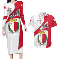 Malta Couples Matching Long Sleeve Bodycon Dress and Hawaiian Shirt with Coat of Arms and Island Map Design - Wonder Print Shop