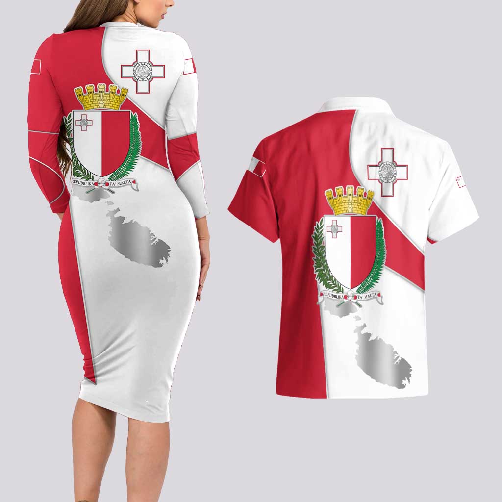 Malta Couples Matching Long Sleeve Bodycon Dress and Hawaiian Shirt with Coat of Arms and Island Map Design - Wonder Print Shop