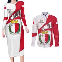 Malta Couples Matching Long Sleeve Bodycon Dress and Long Sleeve Button Shirt with Coat of Arms and Island Map Design - Wonder Print Shop