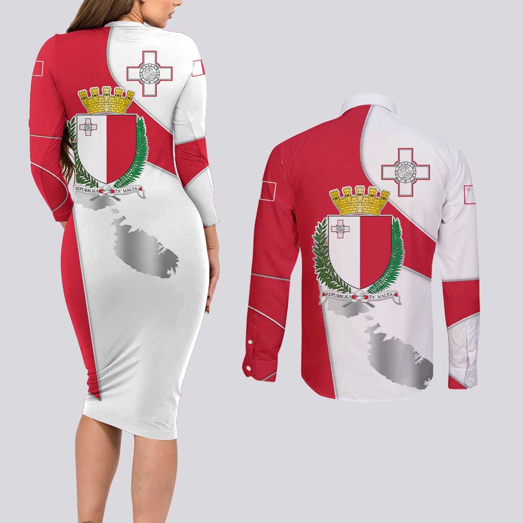 Malta Couples Matching Long Sleeve Bodycon Dress and Long Sleeve Button Shirt with Coat of Arms and Island Map Design - Wonder Print Shop