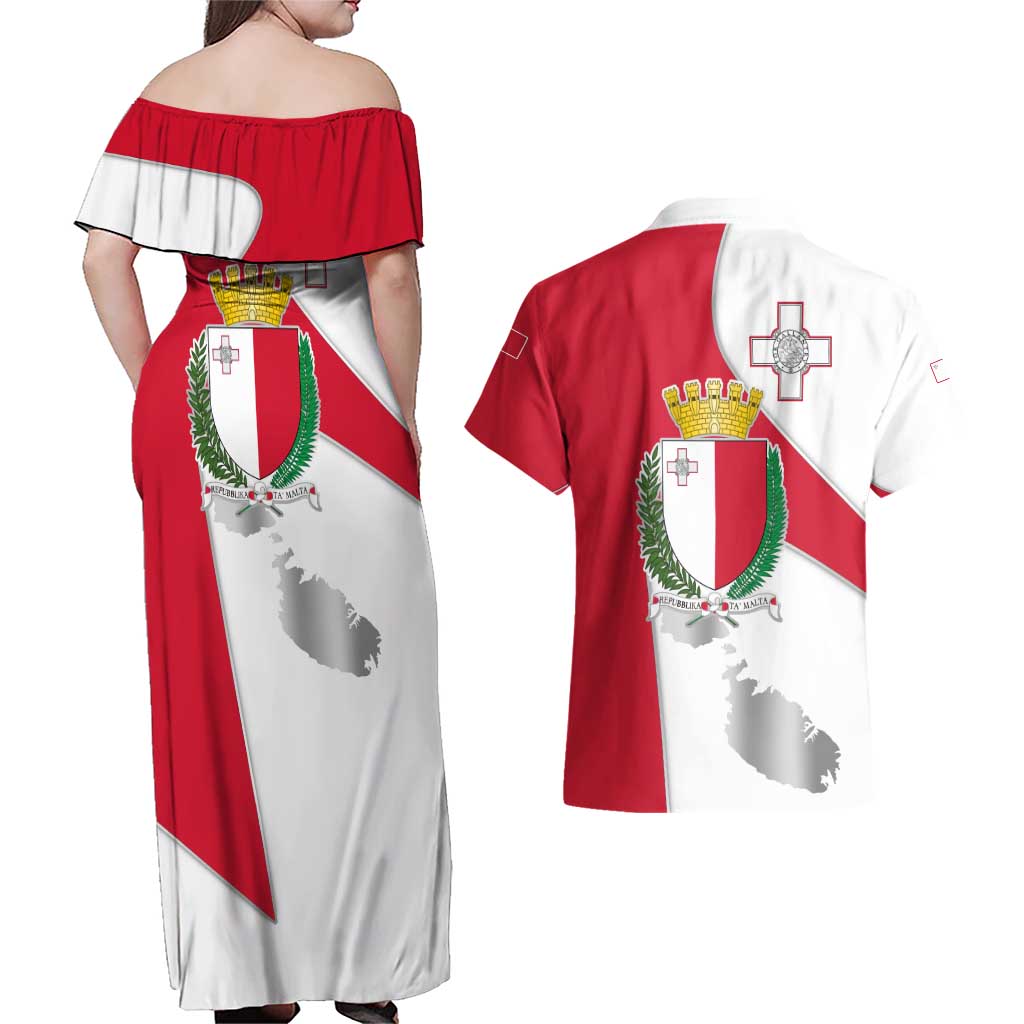 Malta Couples Matching Off Shoulder Maxi Dress and Hawaiian Shirt with Coat of Arms and Island Map Design - Wonder Print Shop