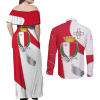 Malta Couples Matching Off Shoulder Maxi Dress and Long Sleeve Button Shirt with Coat of Arms and Island Map Design - Wonder Print Shop
