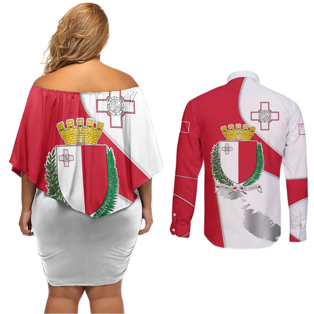 Malta Couples Matching Off Shoulder Short Dress and Long Sleeve Button Shirt with Coat of Arms and Island Map Design - Wonder Print Shop