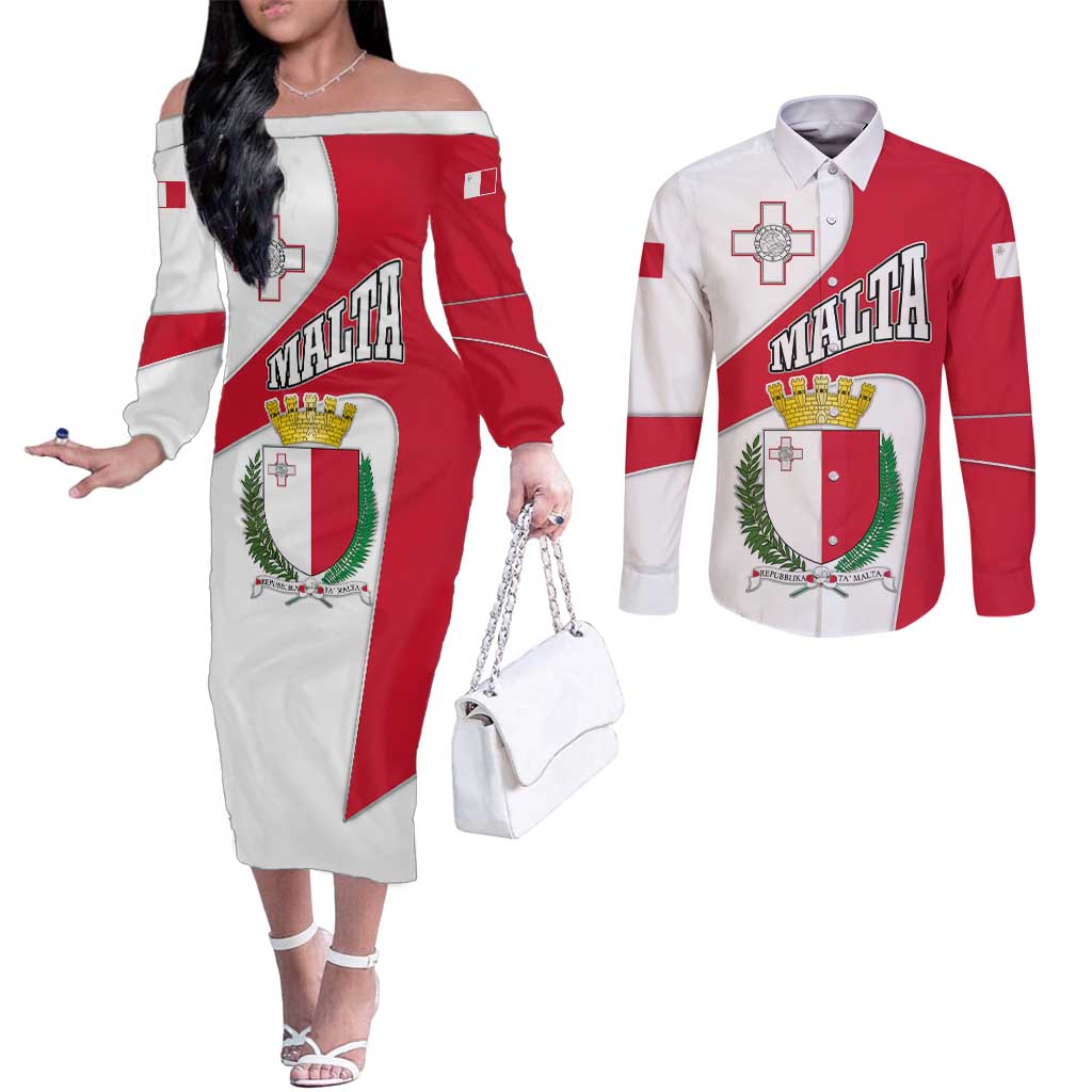 Malta Couples Matching Off The Shoulder Long Sleeve Dress and Long Sleeve Button Shirt with Coat of Arms and Island Map Design - Wonder Print Shop