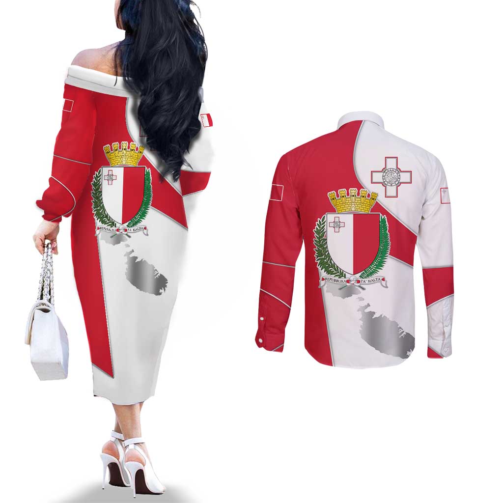 Malta Couples Matching Off The Shoulder Long Sleeve Dress and Long Sleeve Button Shirt with Coat of Arms and Island Map Design - Wonder Print Shop