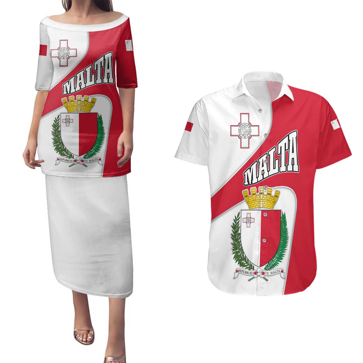Malta Couples Matching Puletasi and Hawaiian Shirt with Coat of Arms and Island Map Design - Wonder Print Shop
