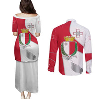 Malta Couples Matching Puletasi and Long Sleeve Button Shirt with Coat of Arms and Island Map Design - Wonder Print Shop