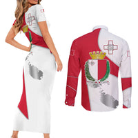 Malta Couples Matching Short Sleeve Bodycon Dress and Long Sleeve Button Shirt with Coat of Arms and Island Map Design - Wonder Print Shop