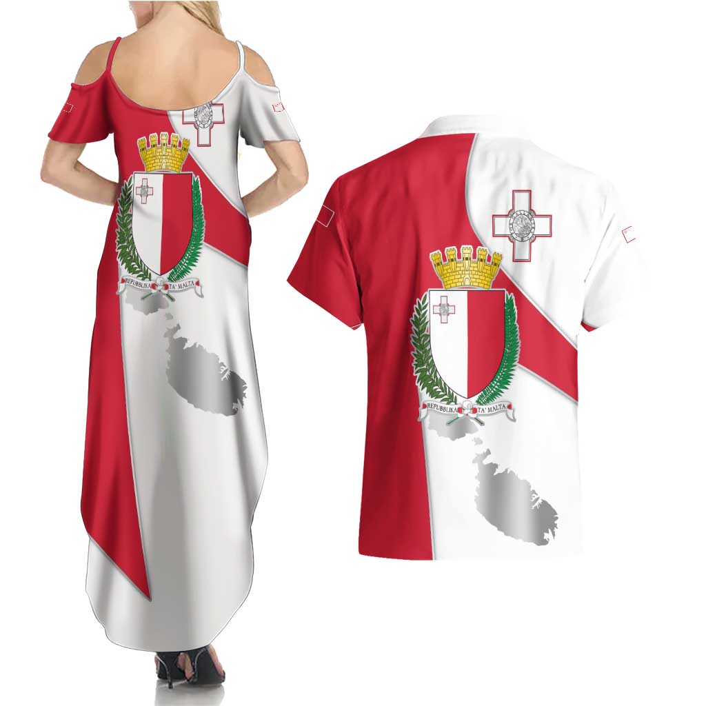 Malta Couples Matching Summer Maxi Dress and Hawaiian Shirt with Coat of Arms and Island Map Design - Wonder Print Shop