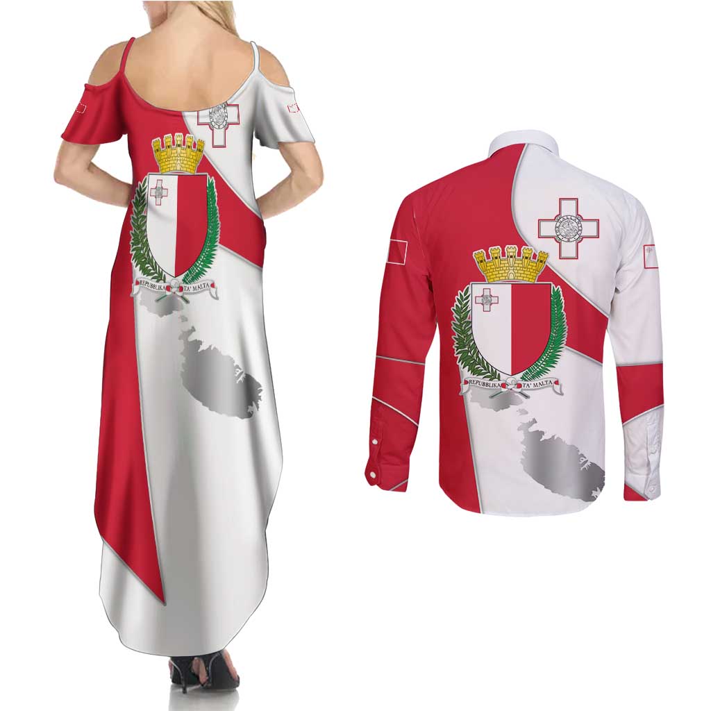 Malta Couples Matching Summer Maxi Dress and Long Sleeve Button Shirt with Coat of Arms and Island Map Design - Wonder Print Shop