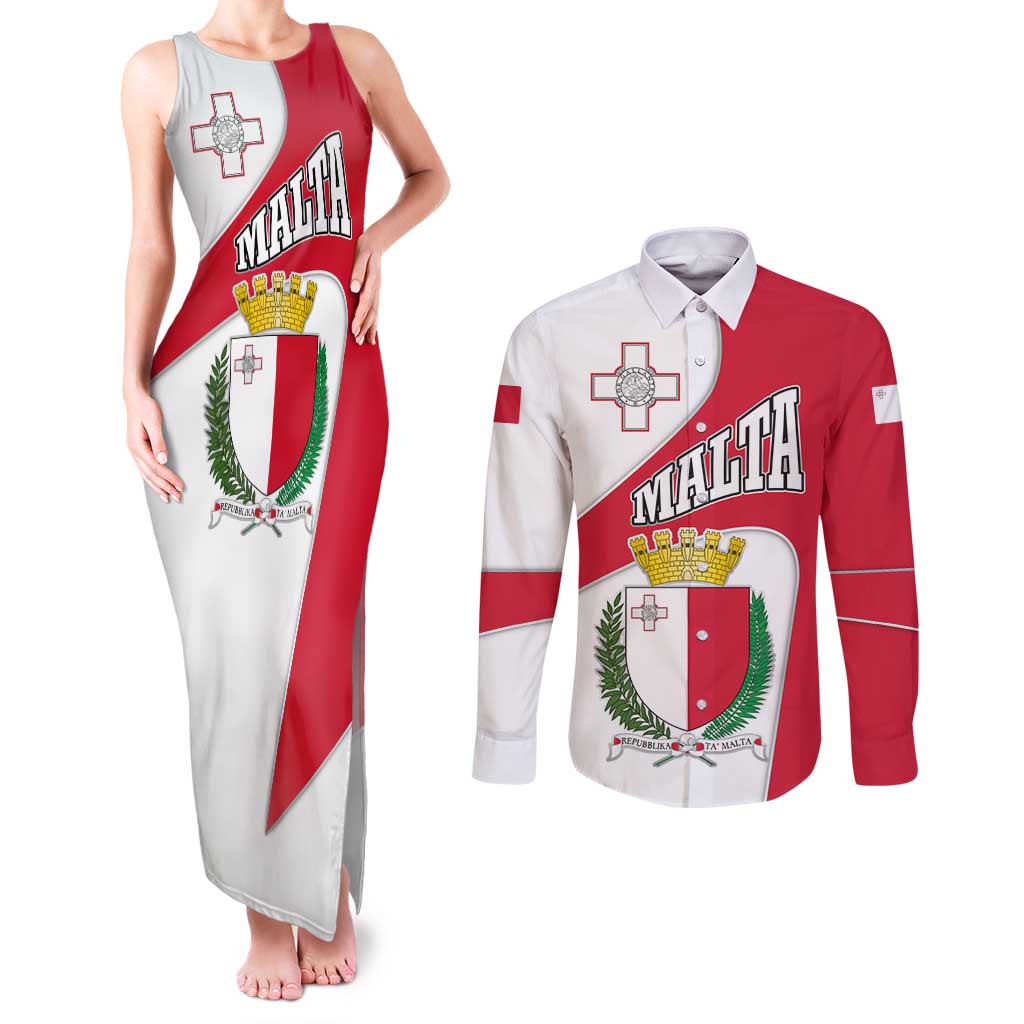 Malta Couples Matching Tank Maxi Dress and Long Sleeve Button Shirt with Coat of Arms and Island Map Design - Wonder Print Shop