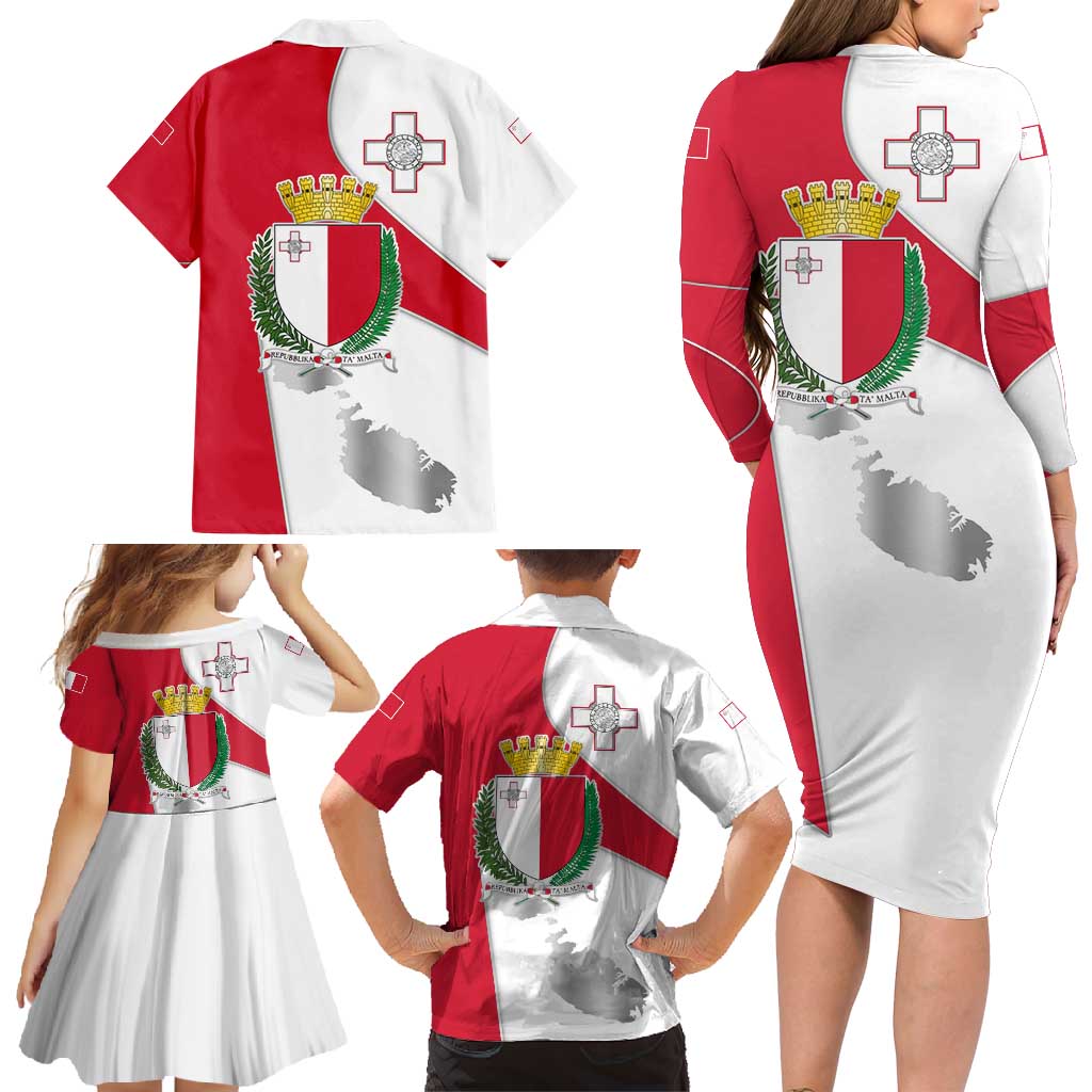 Malta Family Matching Long Sleeve Bodycon Dress and Hawaiian Shirt with Coat of Arms and Island Map Design - Wonder Print Shop