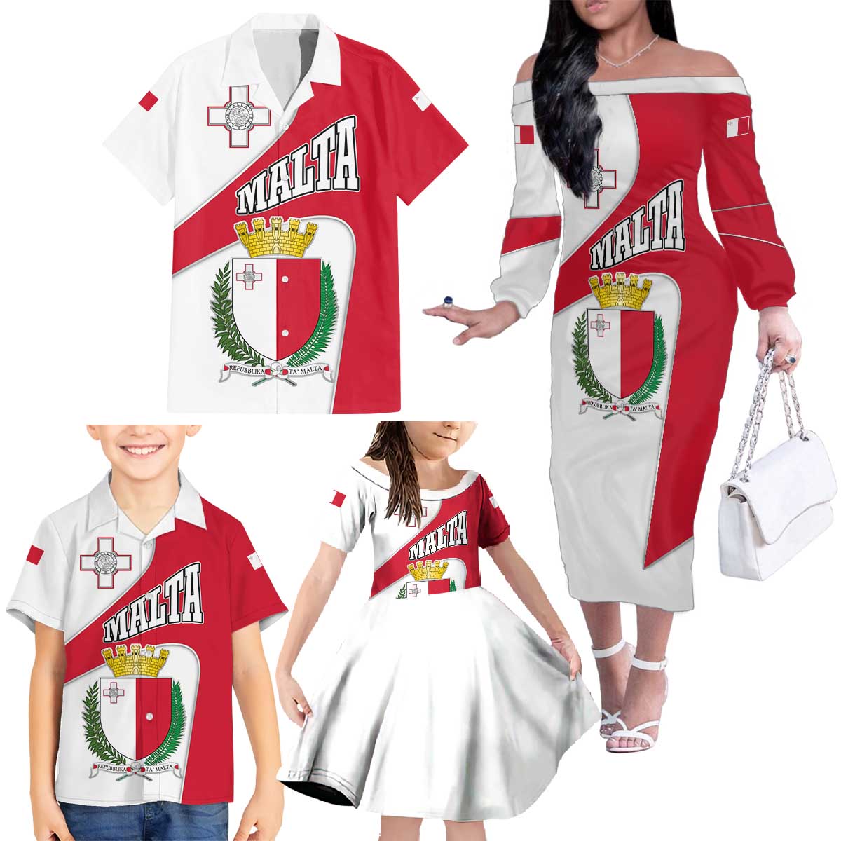 Malta Family Matching Off The Shoulder Long Sleeve Dress and Hawaiian Shirt with Coat of Arms and Island Map Design - Wonder Print Shop
