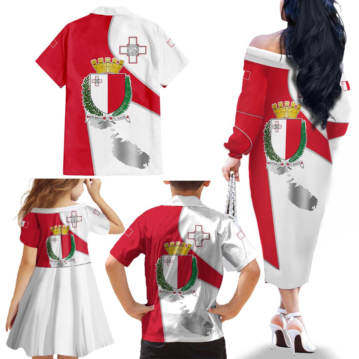 Malta Family Matching Off The Shoulder Long Sleeve Dress and Hawaiian Shirt with Coat of Arms and Island Map Design - Wonder Print Shop