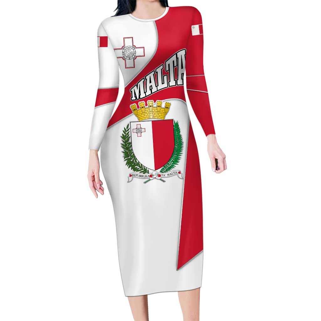 Malta Long Sleeve Bodycon Dress with Coat of Arms and Island Map Design - Wonder Print Shop