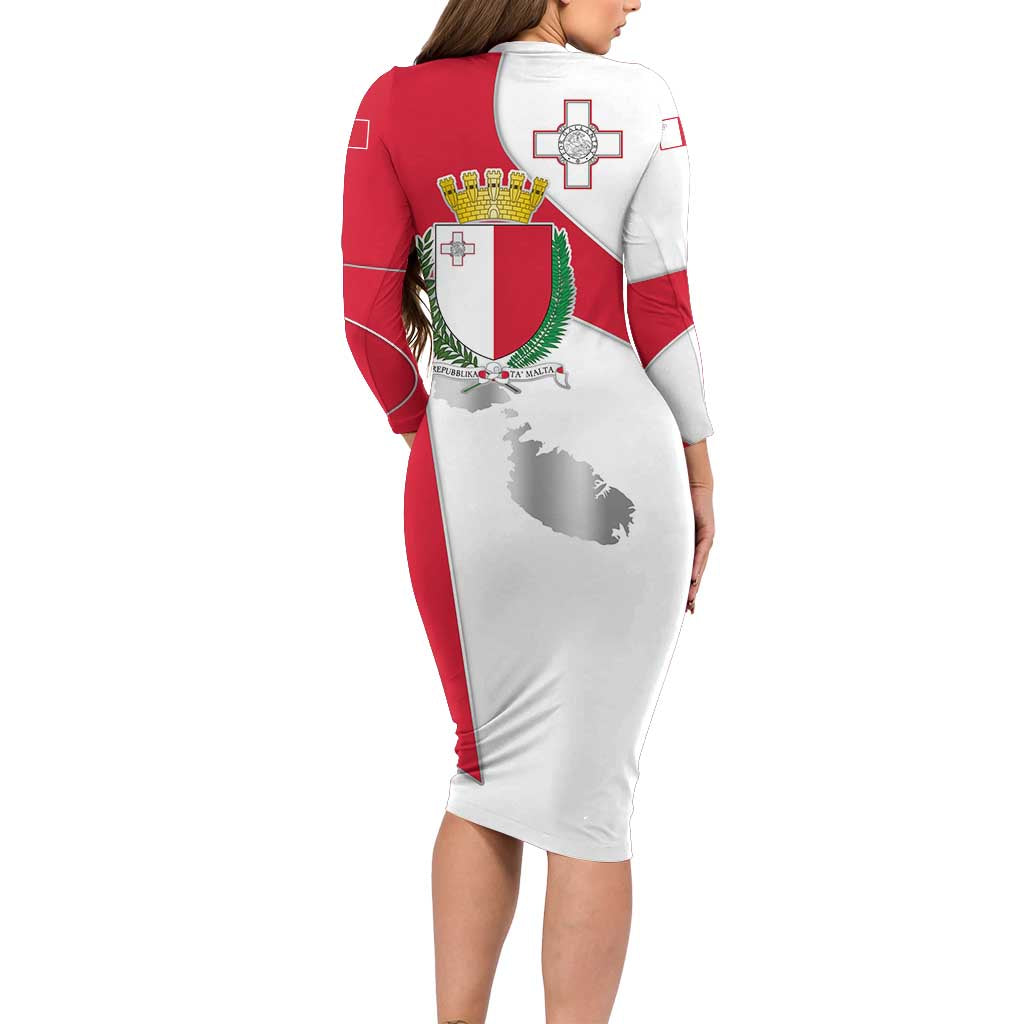 Malta Long Sleeve Bodycon Dress with Coat of Arms and Island Map Design - Wonder Print Shop