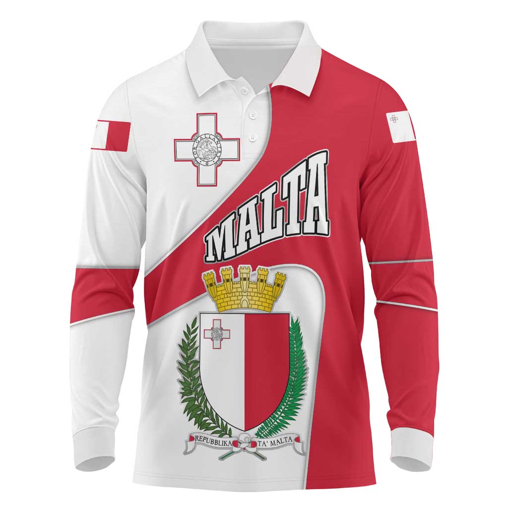 Malta Long Sleeve Polo Shirt with Coat of Arms and Island Map Design - Wonder Print Shop