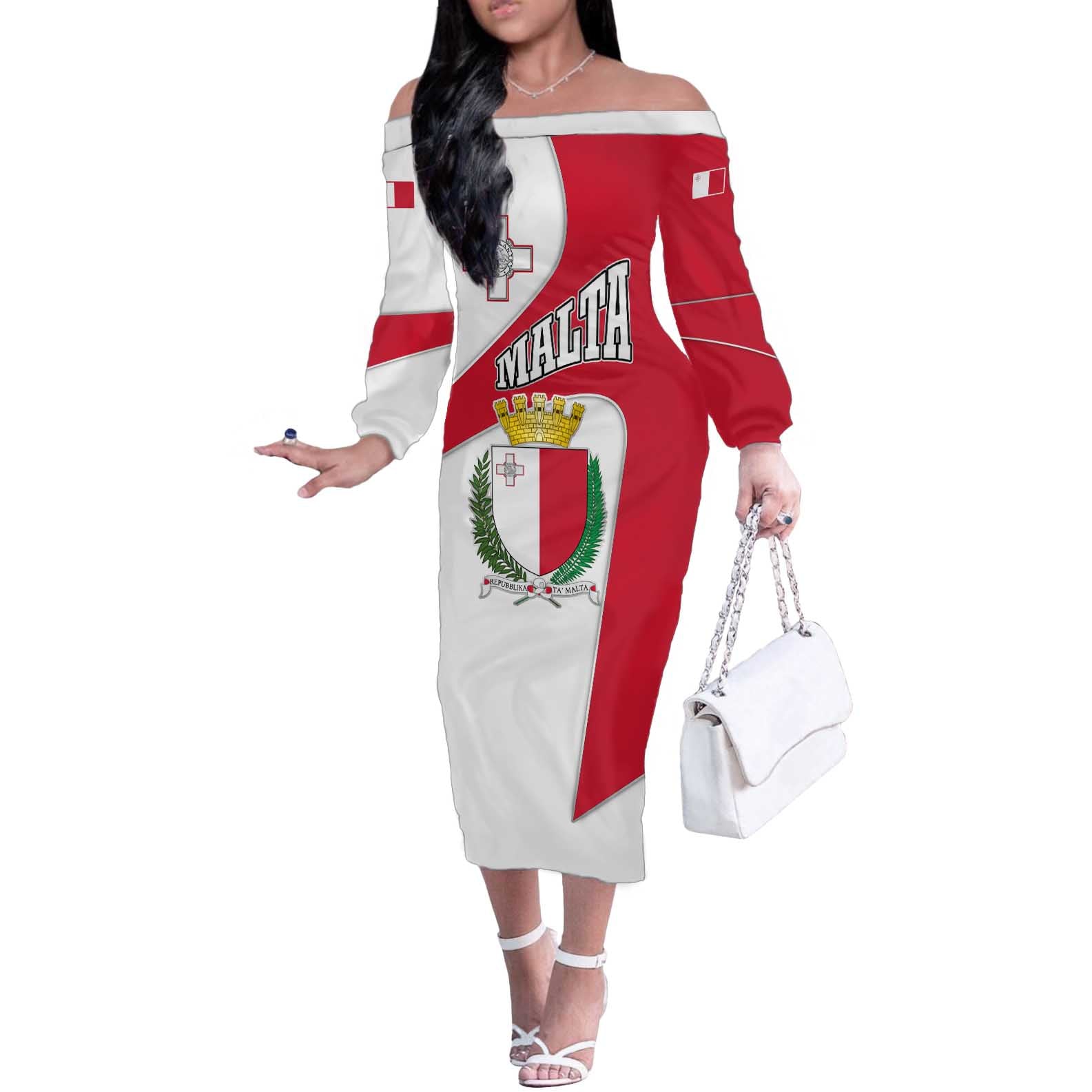 Malta Off The Shoulder Long Sleeve Dress with Coat of Arms and Island Map Design - Wonder Print Shop