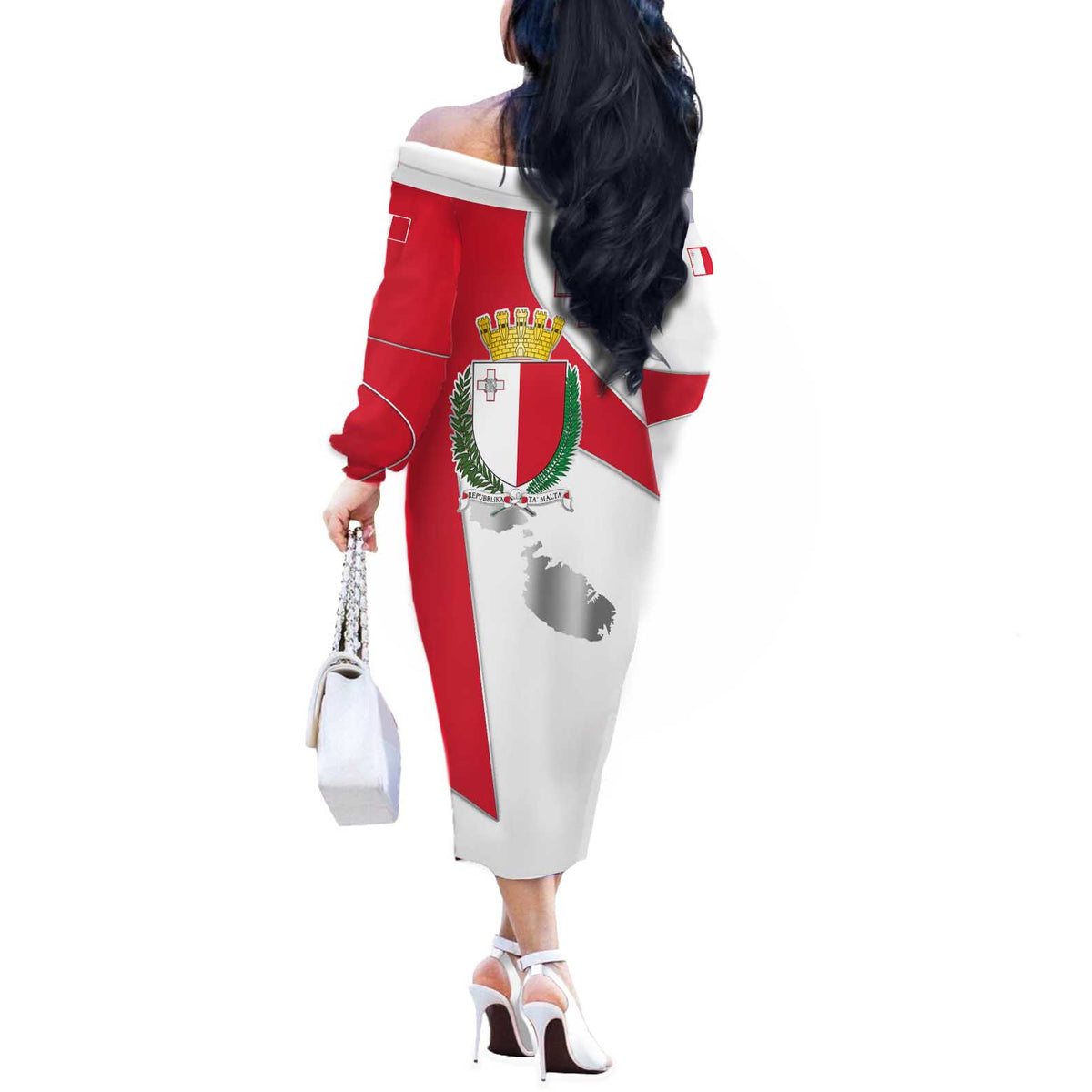 Malta Off The Shoulder Long Sleeve Dress with Coat of Arms and Island Map Design - Wonder Print Shop