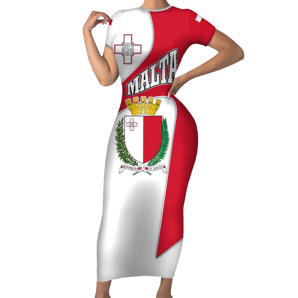 Malta Short Sleeve Bodycon Dress with Coat of Arms and Island Map Design - Wonder Print Shop