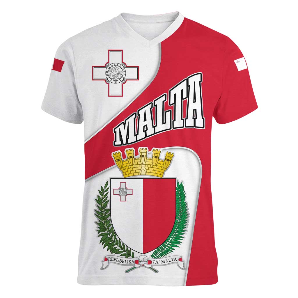 Malta Women V-Neck T-Shirt with Coat of Arms and Island Map Design - Wonder Print Shop