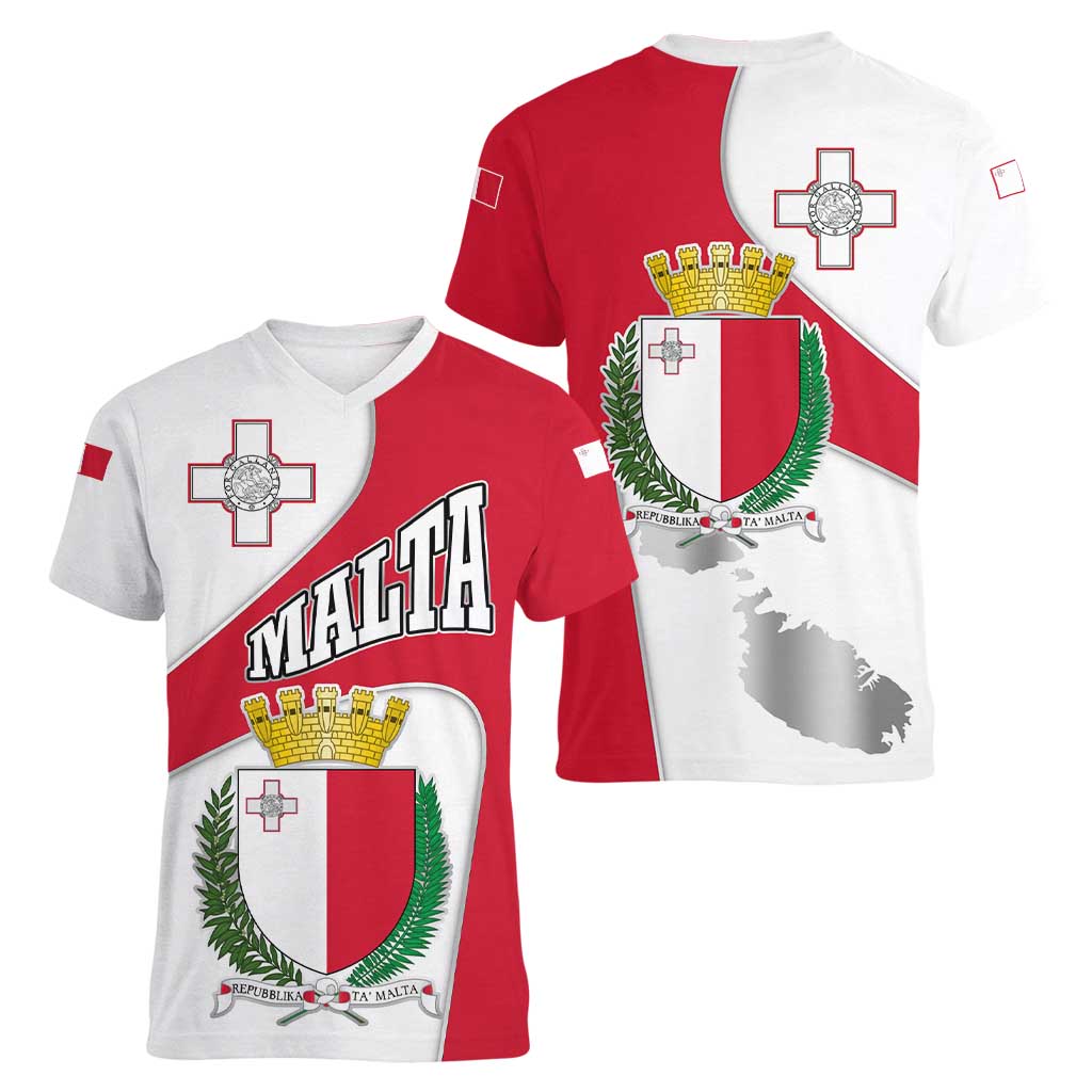 Malta Women V-Neck T-Shirt with Coat of Arms and Island Map Design - Wonder Print Shop