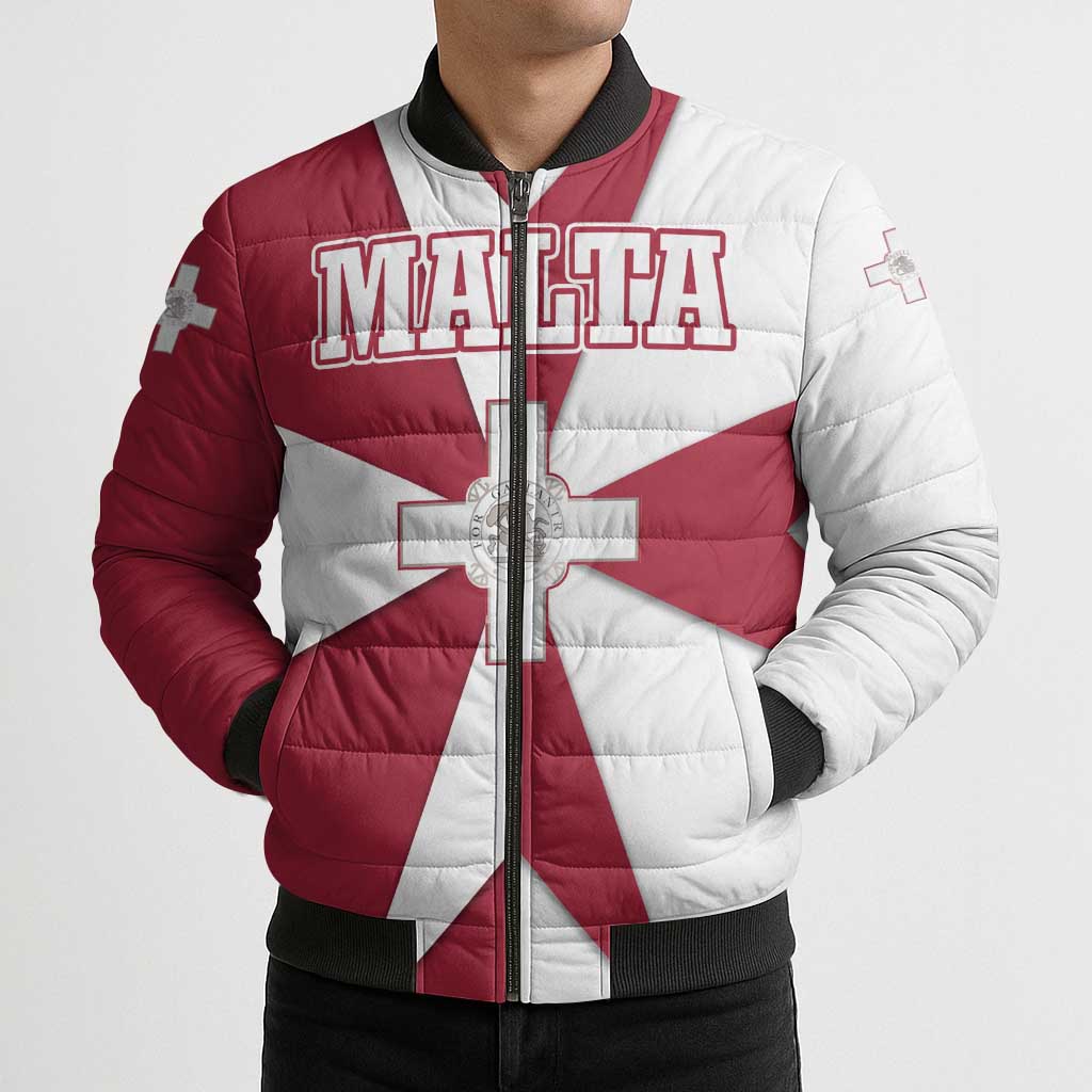 Malta Bomber Puffer Jacket with Red White Crossburst Design - Wonder Print Shop