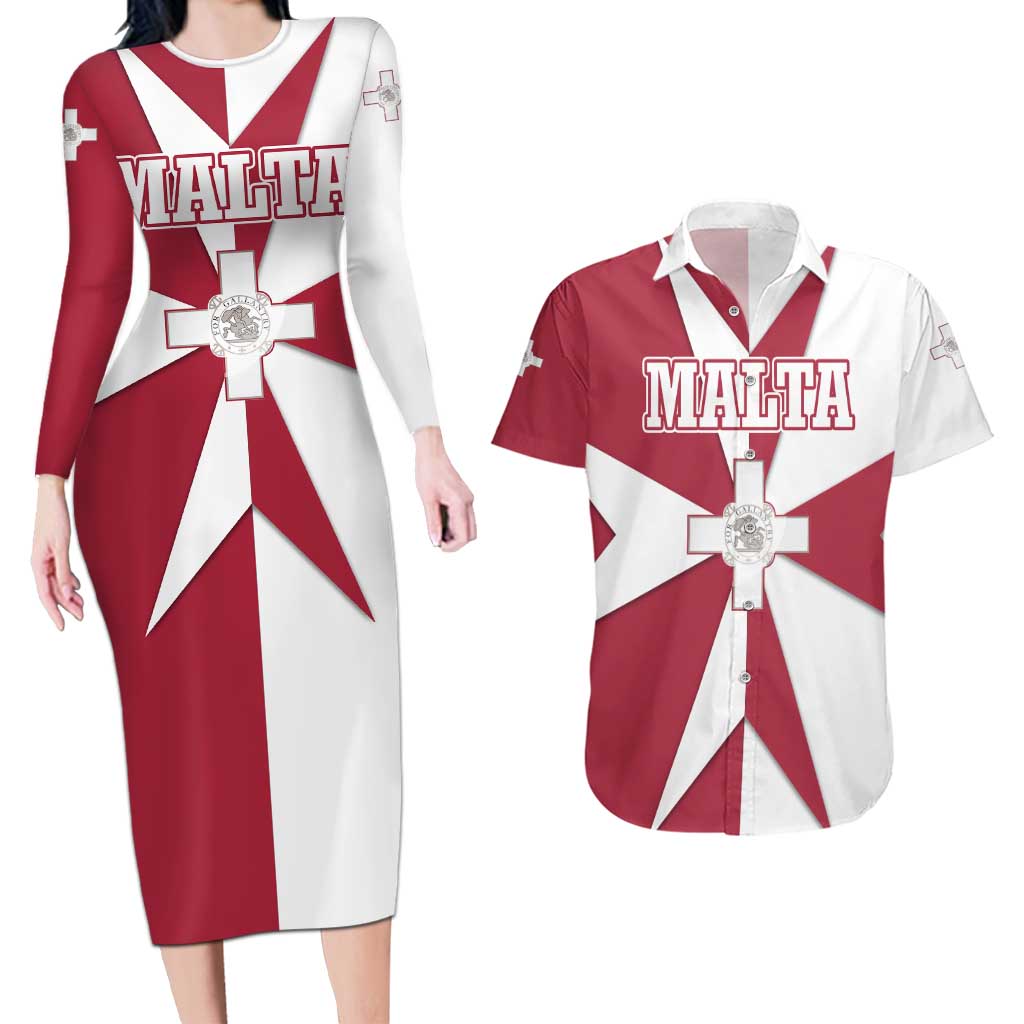 Malta Couples Matching Long Sleeve Bodycon Dress and Hawaiian Shirt with Red White Crossburst Design - Wonder Print Shop