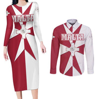 Malta Couples Matching Long Sleeve Bodycon Dress and Long Sleeve Button Shirt with Red White Crossburst Design - Wonder Print Shop