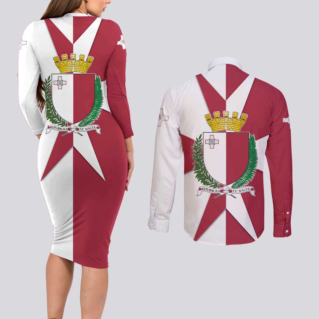 Malta Couples Matching Long Sleeve Bodycon Dress and Long Sleeve Button Shirt with Red White Crossburst Design - Wonder Print Shop