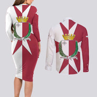 Malta Couples Matching Long Sleeve Bodycon Dress and Long Sleeve Button Shirt with Red White Crossburst Design - Wonder Print Shop