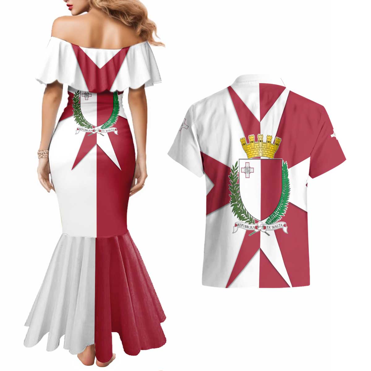 Malta Couples Matching Mermaid Dress and Hawaiian Shirt with Red White Crossburst Design - Wonder Print Shop