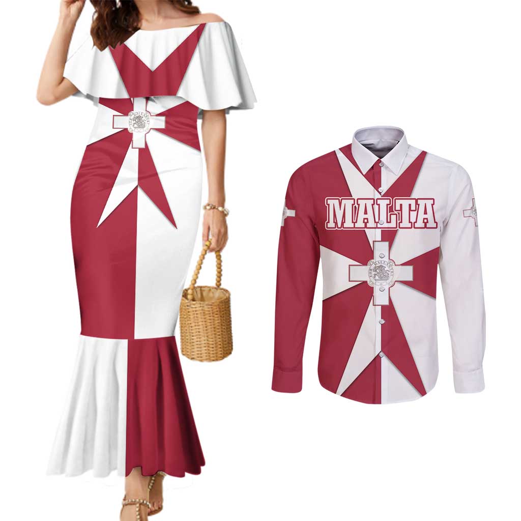 Malta Couples Matching Mermaid Dress and Long Sleeve Button Shirt with Red White Crossburst Design - Wonder Print Shop