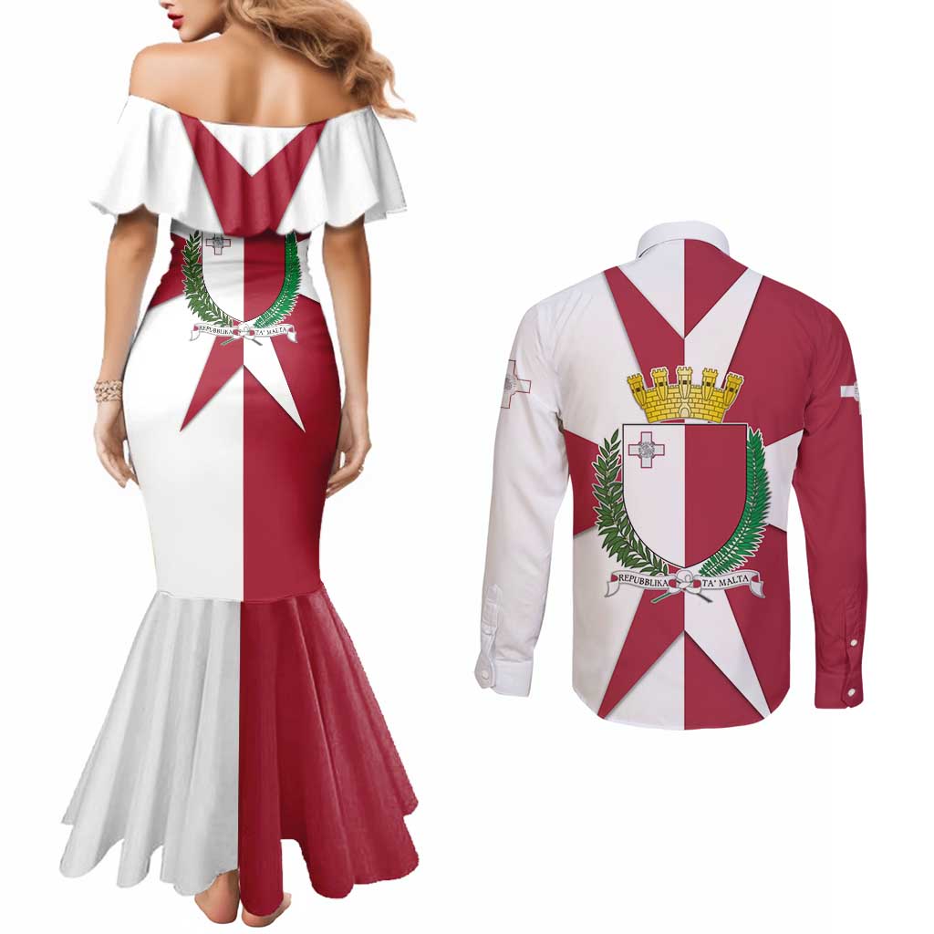 Malta Couples Matching Mermaid Dress and Long Sleeve Button Shirt with Red White Crossburst Design - Wonder Print Shop