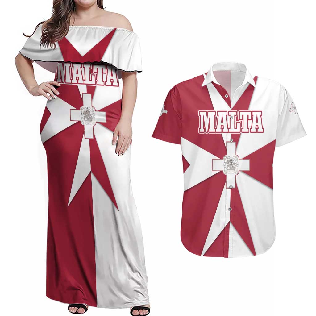 Malta Couples Matching Off Shoulder Maxi Dress and Hawaiian Shirt with Red White Crossburst Design - Wonder Print Shop