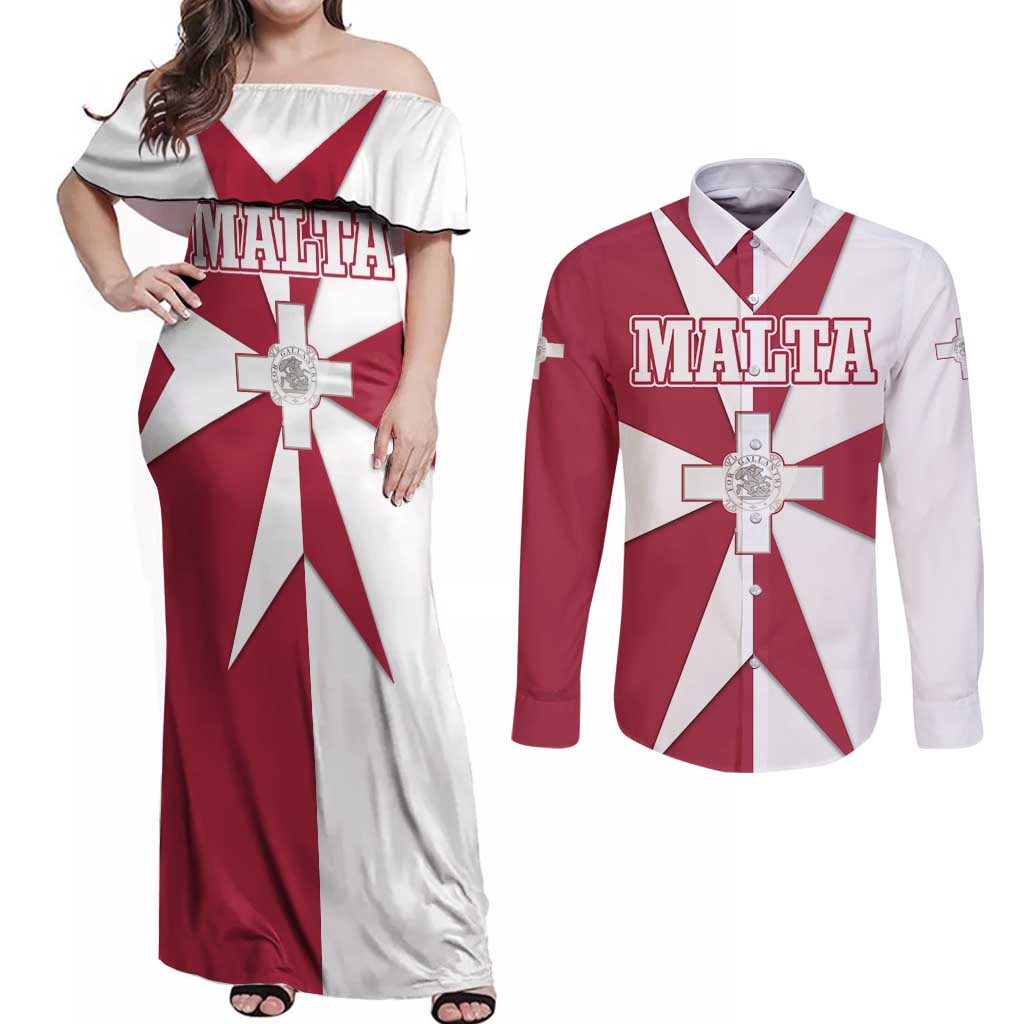 Malta Couples Matching Off Shoulder Maxi Dress and Long Sleeve Button Shirt with Red White Crossburst Design - Wonder Print Shop