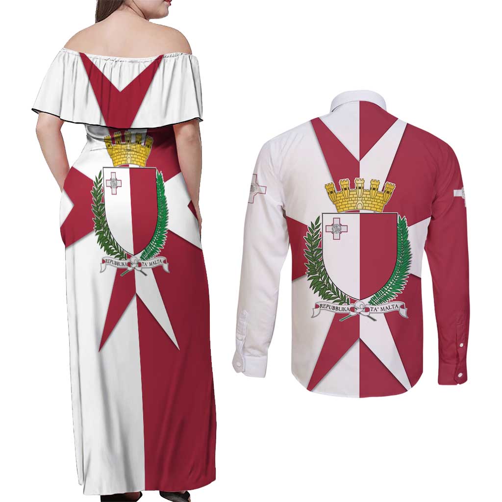 Malta Couples Matching Off Shoulder Maxi Dress and Long Sleeve Button Shirt with Red White Crossburst Design - Wonder Print Shop