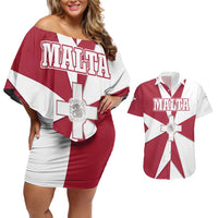 Malta Couples Matching Off Shoulder Short Dress and Hawaiian Shirt with Red White Crossburst Design - Wonder Print Shop