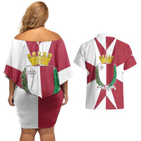 Malta Couples Matching Off Shoulder Short Dress and Hawaiian Shirt with Red White Crossburst Design - Wonder Print Shop