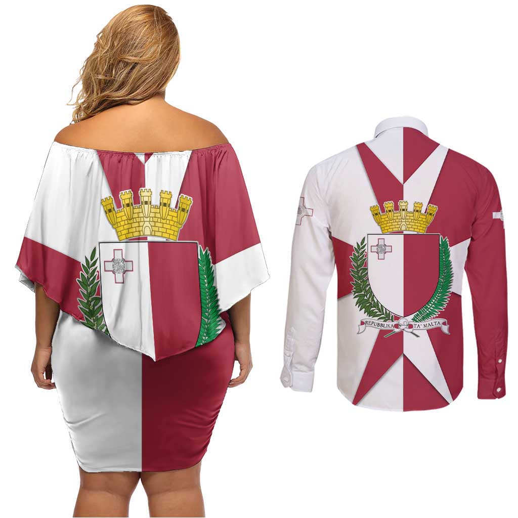 Malta Couples Matching Off Shoulder Short Dress and Long Sleeve Button Shirt with Red White Crossburst Design - Wonder Print Shop