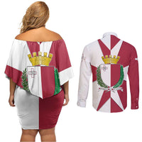 Malta Couples Matching Off Shoulder Short Dress and Long Sleeve Button Shirt with Red White Crossburst Design - Wonder Print Shop